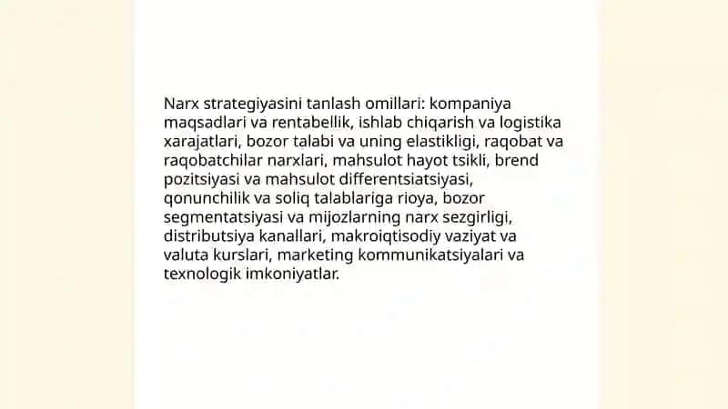 Narx siyosati va narx strategiyalari 4