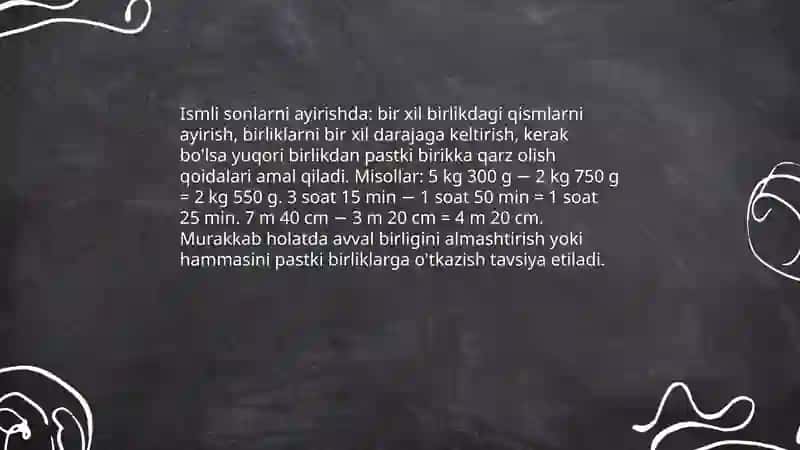 Ismli sonlar bilan amallar bajarish.Qo'shish va ayirishga doir murakkab masalalar 4