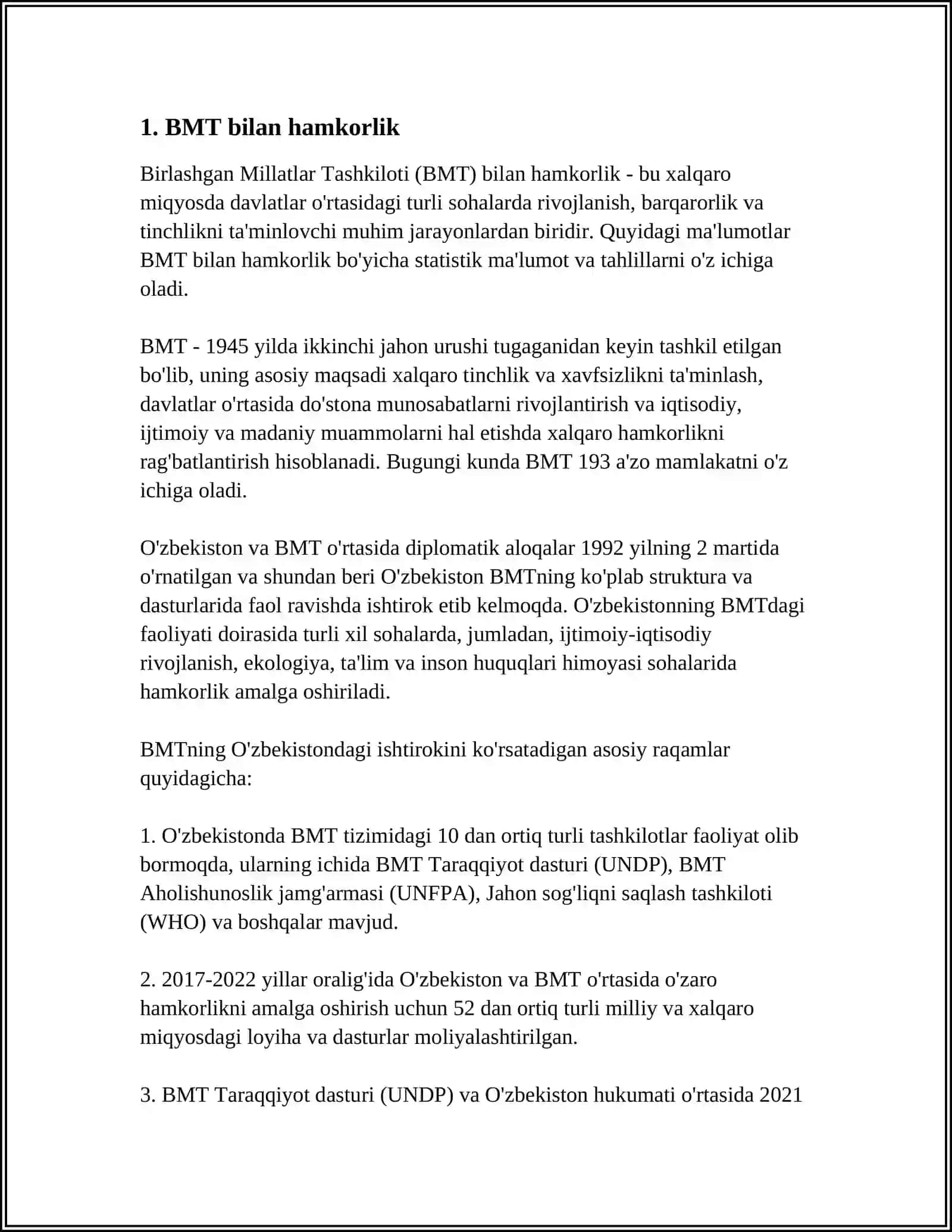 O'ZBEKISTONNING XALQARO TASHKILOTLAR BILAN HAMKORLIK ALOQALARI 4