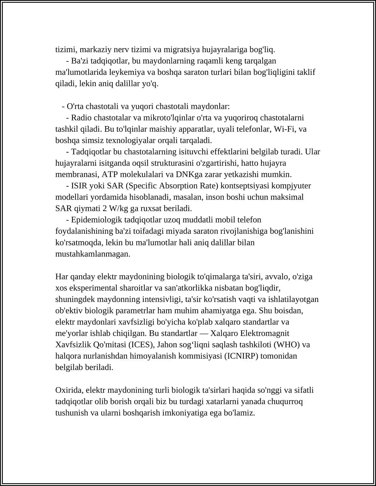 ELEKTR VA MAGNIT MAYDONI. ORGANIZM TURLI TO'QIMA VA SUYUQLIKLARIGA ELEKTR VA MAGNIT MAYDON TASIRI 4