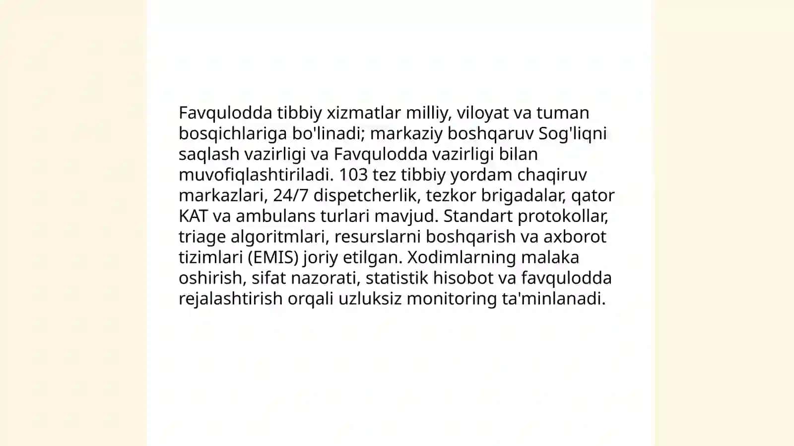 Oʻzbekiston Respublikasida FVda shoshilinch tibbiy yordam koʻrsatishni tashkil etish 4