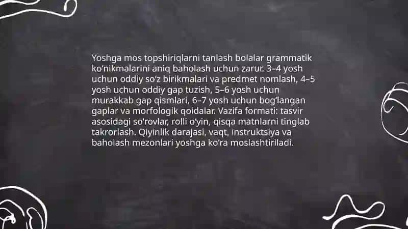 Bolalarda grammatik koʻnikmalari holatini oʻrganish uchun tekshirish topshiriqlarini tanlash 4