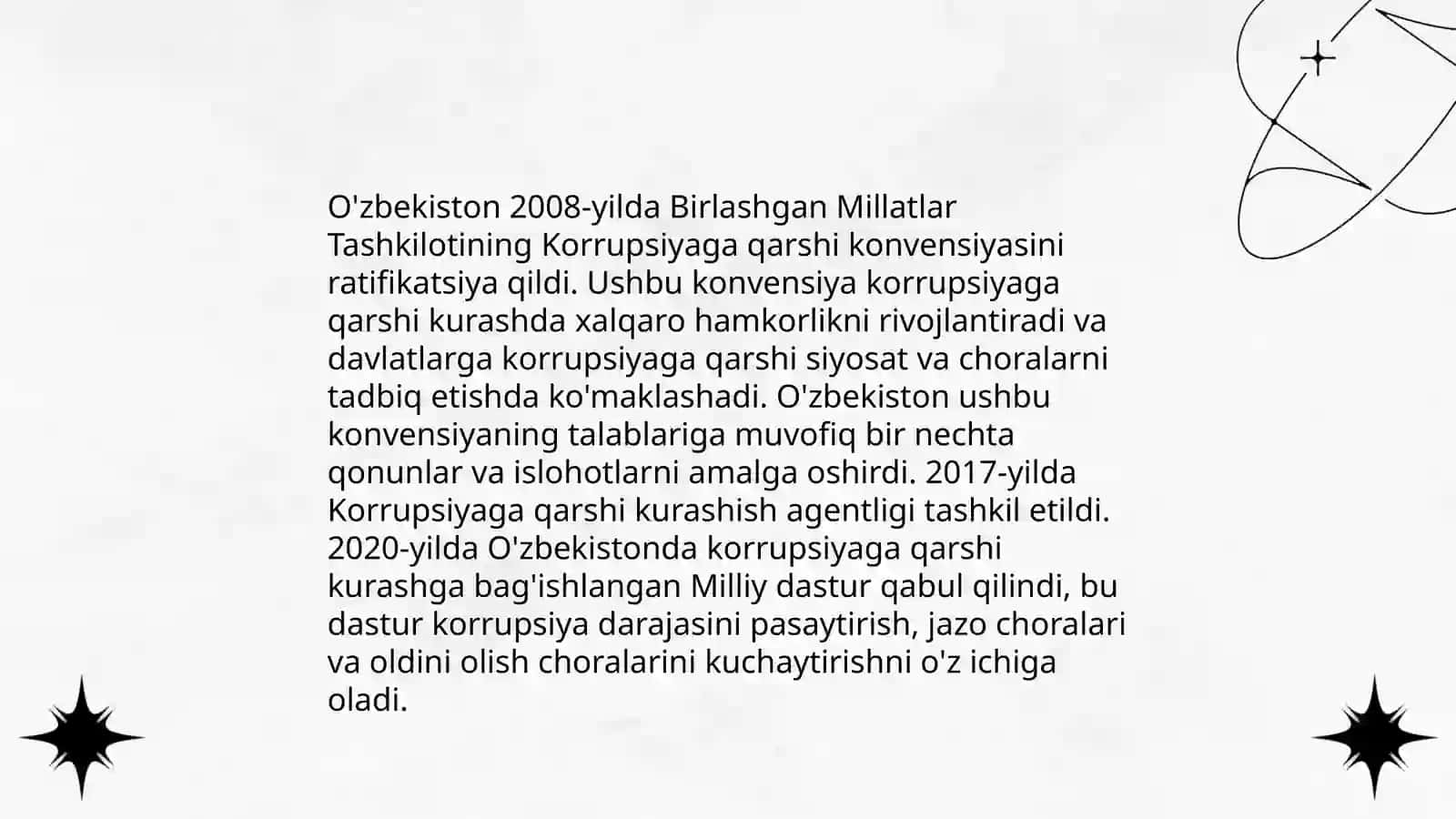 Korrupsiyaga qarshi kurash boʻyicha xalqaro qonunlar va qarorlarning Oʻzbekistonda ratifikatsiya qilinishining ahamiyati 4
