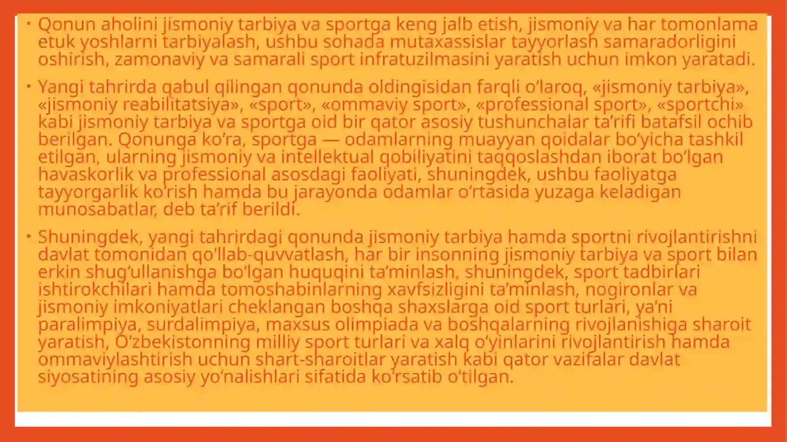 O‘zbekiston Respublikasi hukumatining jismoniy madaniyat va sport bo‘yicha qabul qilgan hujjatlarining ahamiyati 4