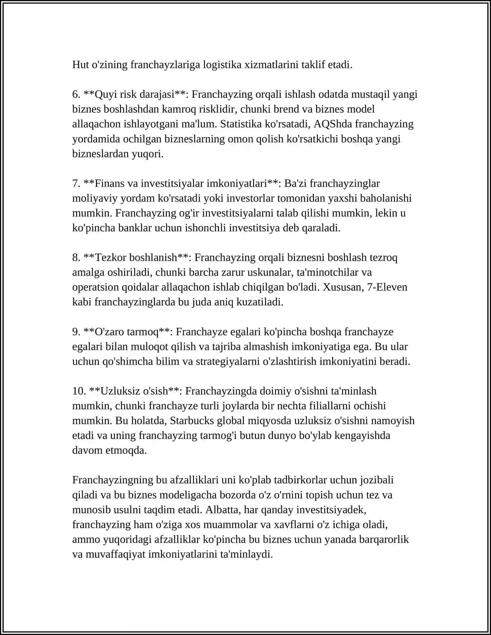 FRANCHAYZINGNING USTUVORLIK VA KAMCHILIKLARI 4