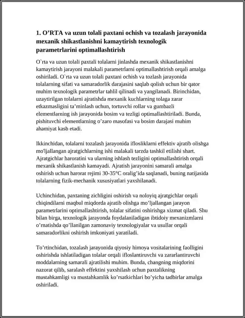 O’RTA VA UZUN TOLALI PAXTALARNI JINLASH JARAYONIDA SIFAT VA SAMARADORLIKNI OSHIRISH TEXNOLOGIK PARAMETRLARNI OPTIMALLASHTIRISH TOLANI SHIKASTLANISHDAN SAQLASH, SAMARALI AJRATISH 4