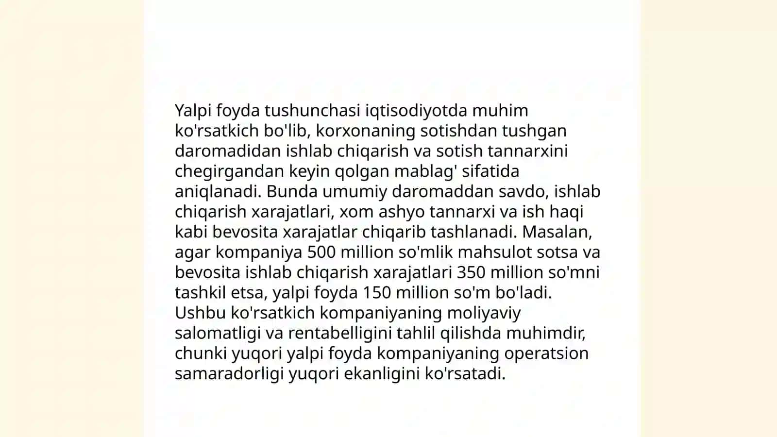 Mahsulot (ish xizmat) sotishdan yalpi foyda va unga ta'sir etuvchi omillar tahlili 4