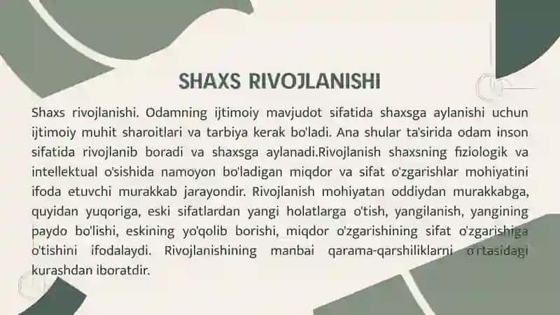 SHAXSNING RIVOJLANISHI, TARBIYASI VA IJTIMOIYLASHUVI, TARBIYA MAQSADI VA VAZIFALARI 4