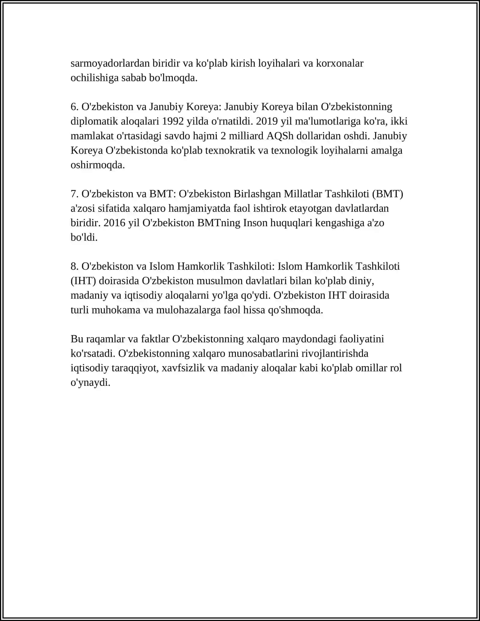 "O’ZBEKISTON VA JAHON HAMJAMIYATI" REFERAT 4