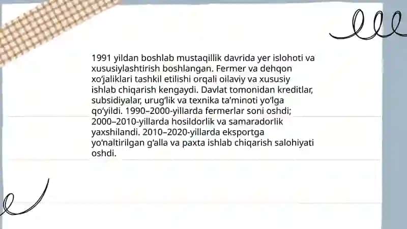 Mustaqillik yillarida qishloq xo‘jaligi va sanoat sohasidagi o‘zgarishlar 4