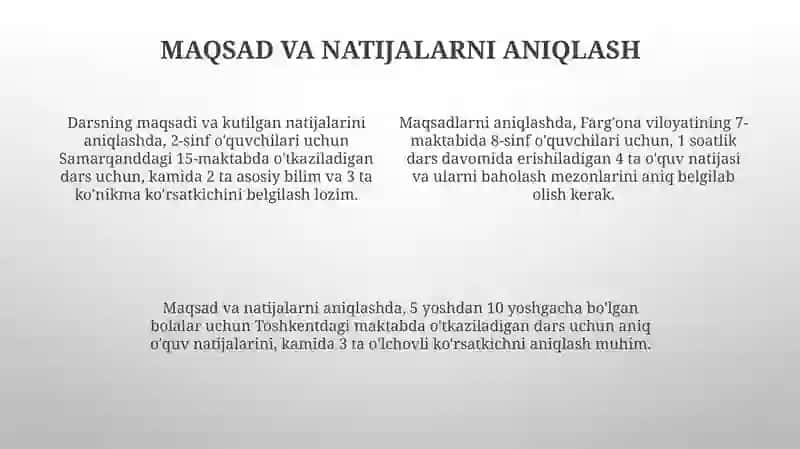 Darsni tashkil qilishga tayyorgarlik, bir soatlik dars reja konspektini tayyorlash 4
