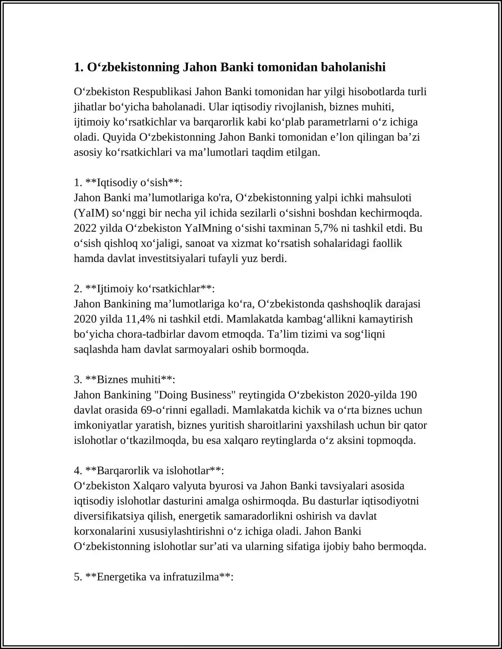 O‘ZBEKISTONNING “JAHON BANKINING STATISTIK SALOHIYAT INDEKSI” DAGI O`RNI 4