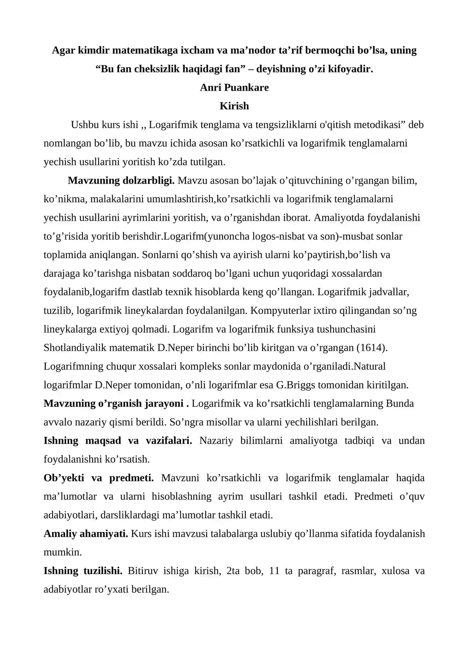 LOGARIFMIK TENGLAMA VA TENGSIZLIKLARNI OQITISH METODIKASI kurs ishi 4