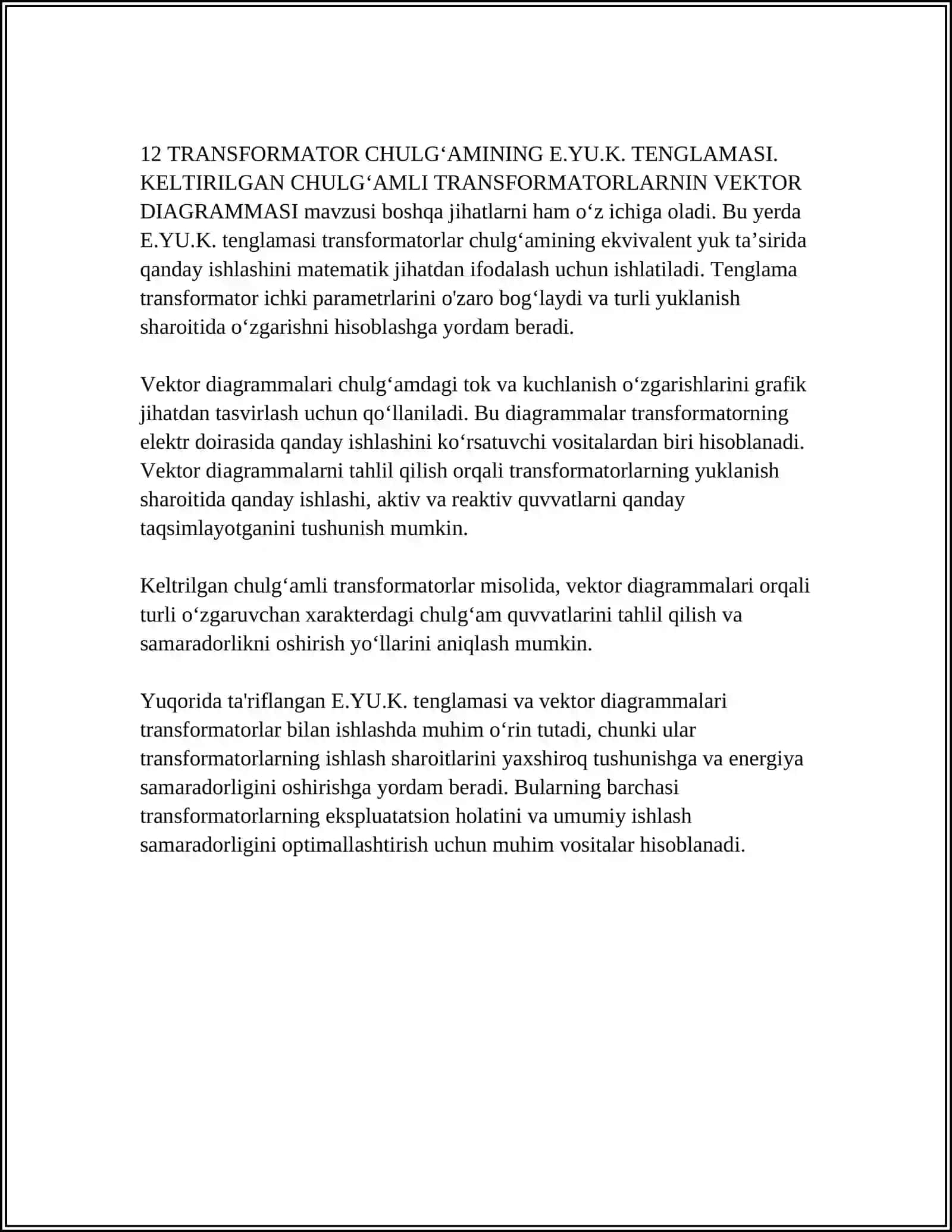 TRANSFORMATOR CHULGʻAMINING E.YU.K. TENGLAMASI. KELTIRILGAN CHULGʻAMLI TRANSFORMATORLARNIN VEKTOR DIAGRAMMASI 4