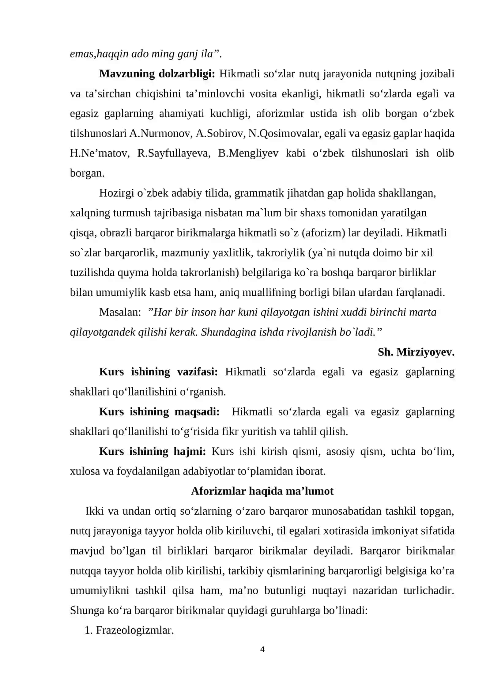 Aforizmlarda egasiz gap shakllari KURS ISHI 4