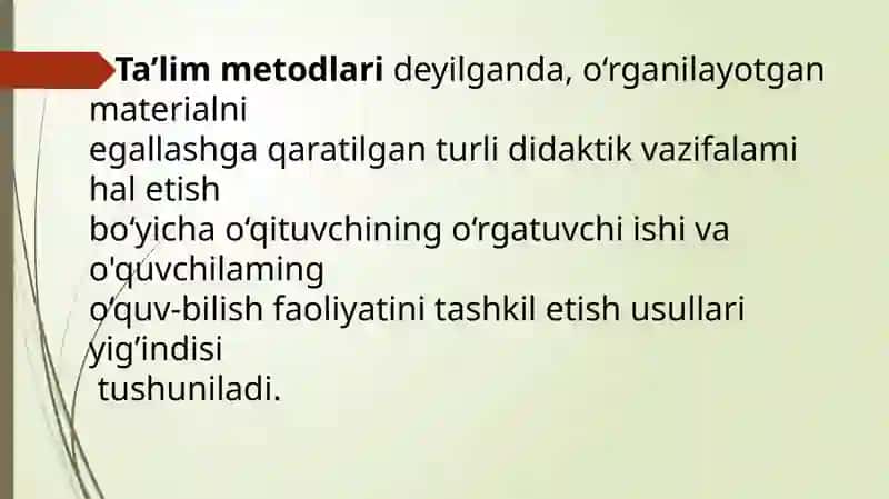 Ta’lim metodlari va vositalari.             Metod, usul va texnoiogiya. 2. Umumpedagogik (makro) daraja 3. Ta’lim metodlarming mohiyati va mazmuni. 4