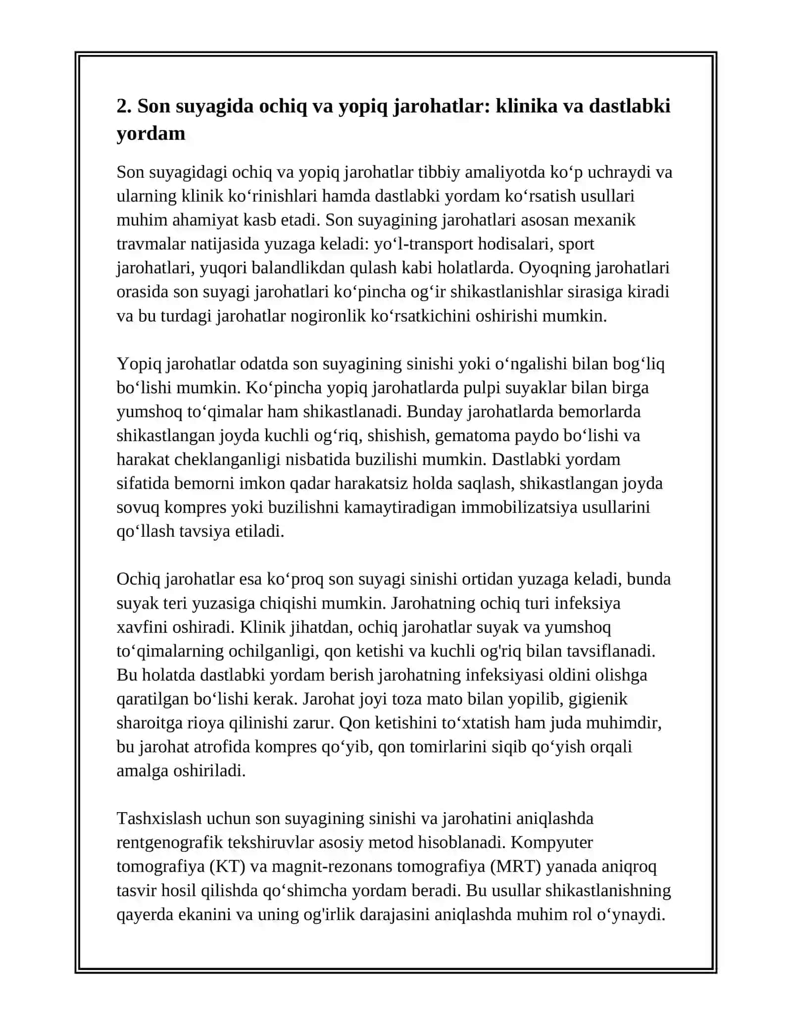 OYOQNING JAROHATLARI. SON SUYAGI, TIZZA BO‘G‘IMI, BOLDIR SUYAKLARI, OSHIQ BO‘G‘IMI VA OYOQ PANJA JAROHATLARI, KELIB CHIQISH SABABLARI, TASHXISLASH USULLARI,  DAVOLASH PRINSIPLARI 4