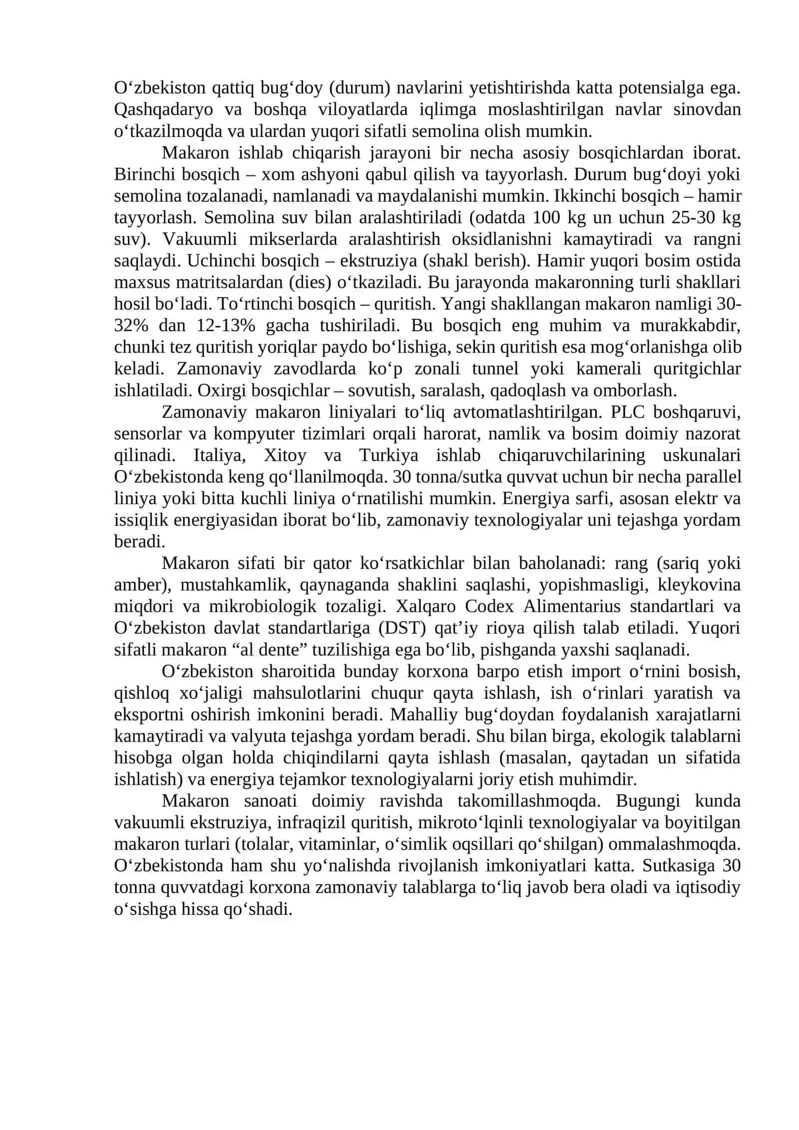 Sutkasida 30t/s unumdorlikdagi makaron mahsulotlarini ishlab chiqarish texnologiyasi 4
