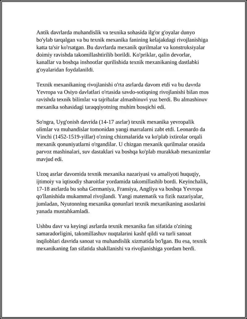 Texnik Mexanika Fanining Rivojlanish Tarixi Referat 4
