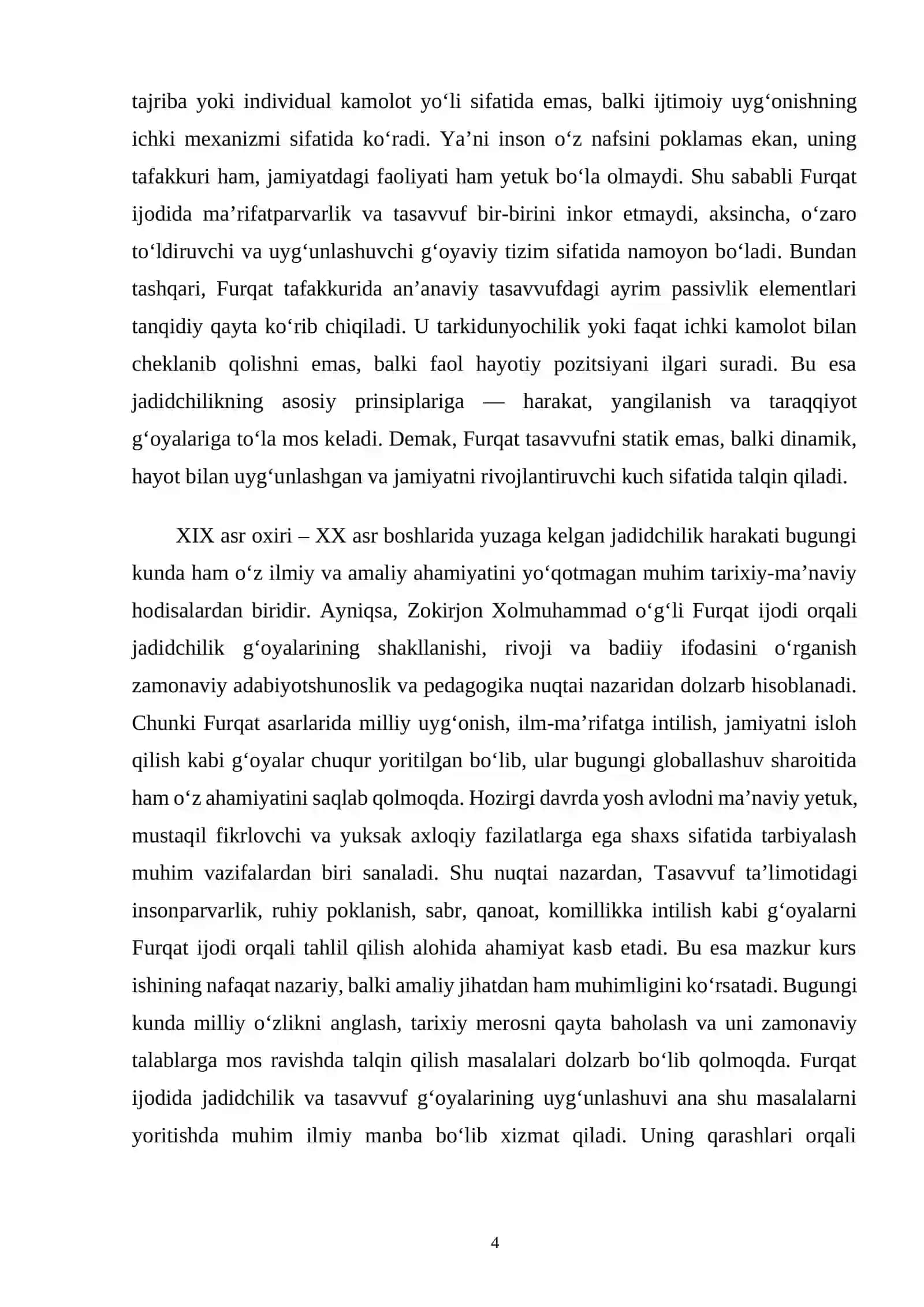 Furkat va jadidchilik. Tasavvuf talimotiga oid qarashlar 4