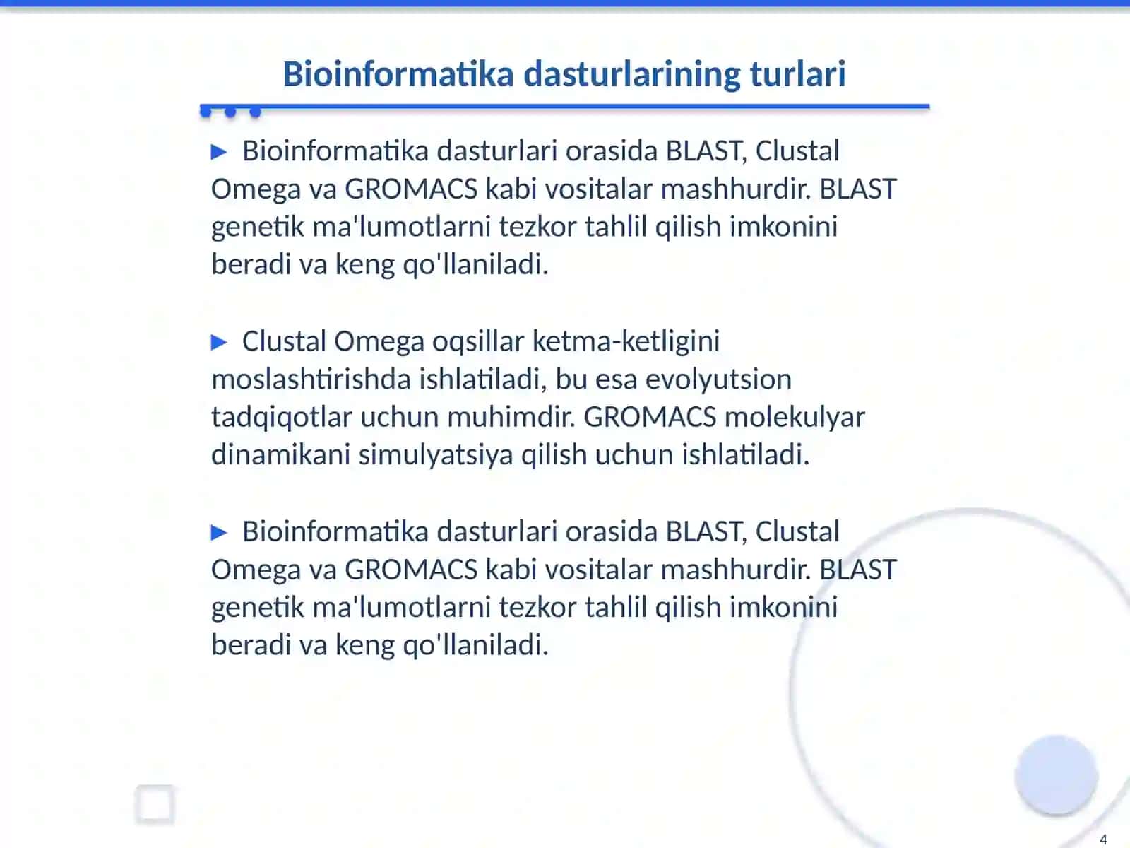 Bioinformatika va Biotexnologiyada Dasturlar 4