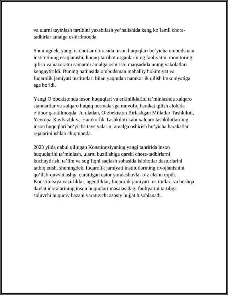 YANGI OZBEKISTONDA INSON HAQ HUQUQLARI VA ERKINLIKLARI KAFOLATLARINING YARATILISHI 4