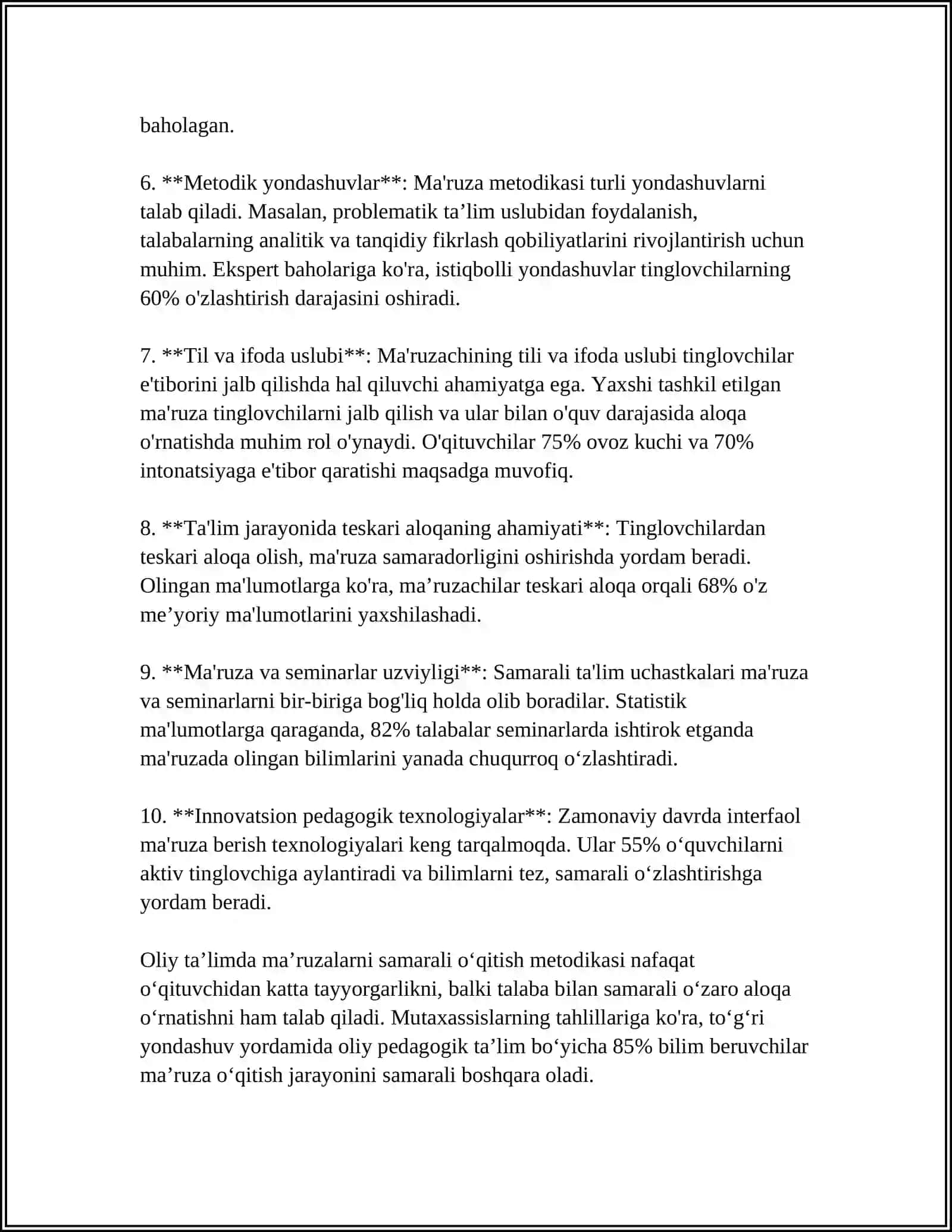 OLIY TA’LIM VA PROFESSIONAL TA’LIMDA MUTAXASSISLIK FANLARINING O’QITILISHI: MA’RUZA, AMALIY, SEMINAR, LABAROTORIYA VA MUSTAQIL TA’LIM 4