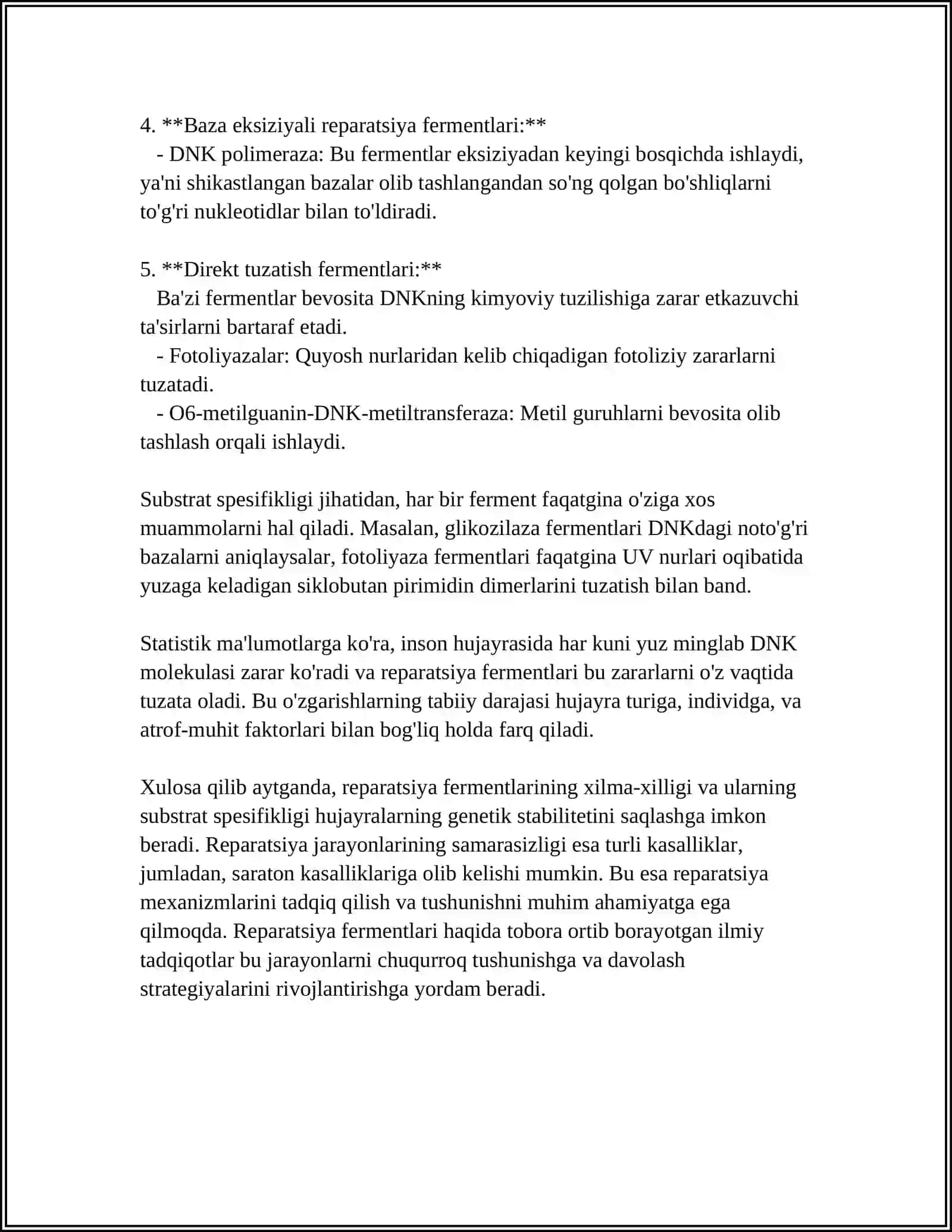 REPARATSIYA FERMENTLARI FAOLIYATINING XILMA-XILLIGI.NOALLEL GENLARNING O‘ZARO TA‘SIRI.PLEYOTROPIYA 4