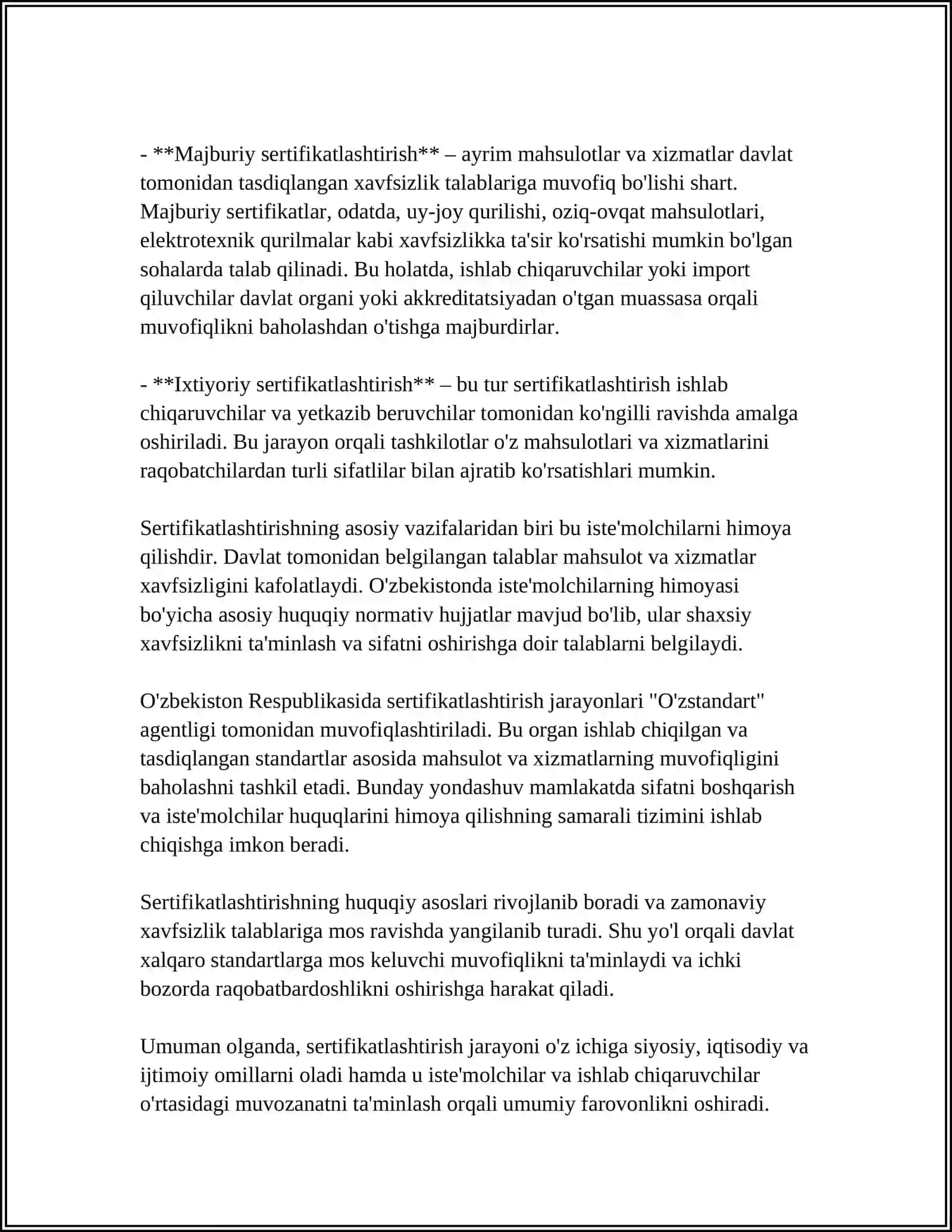 MUSTAQIL ISH Mavzu: SERTIFIKATLASHTIRISH VA UNING HUQUQIY-MEYORIY TAʼMINOTI 4
