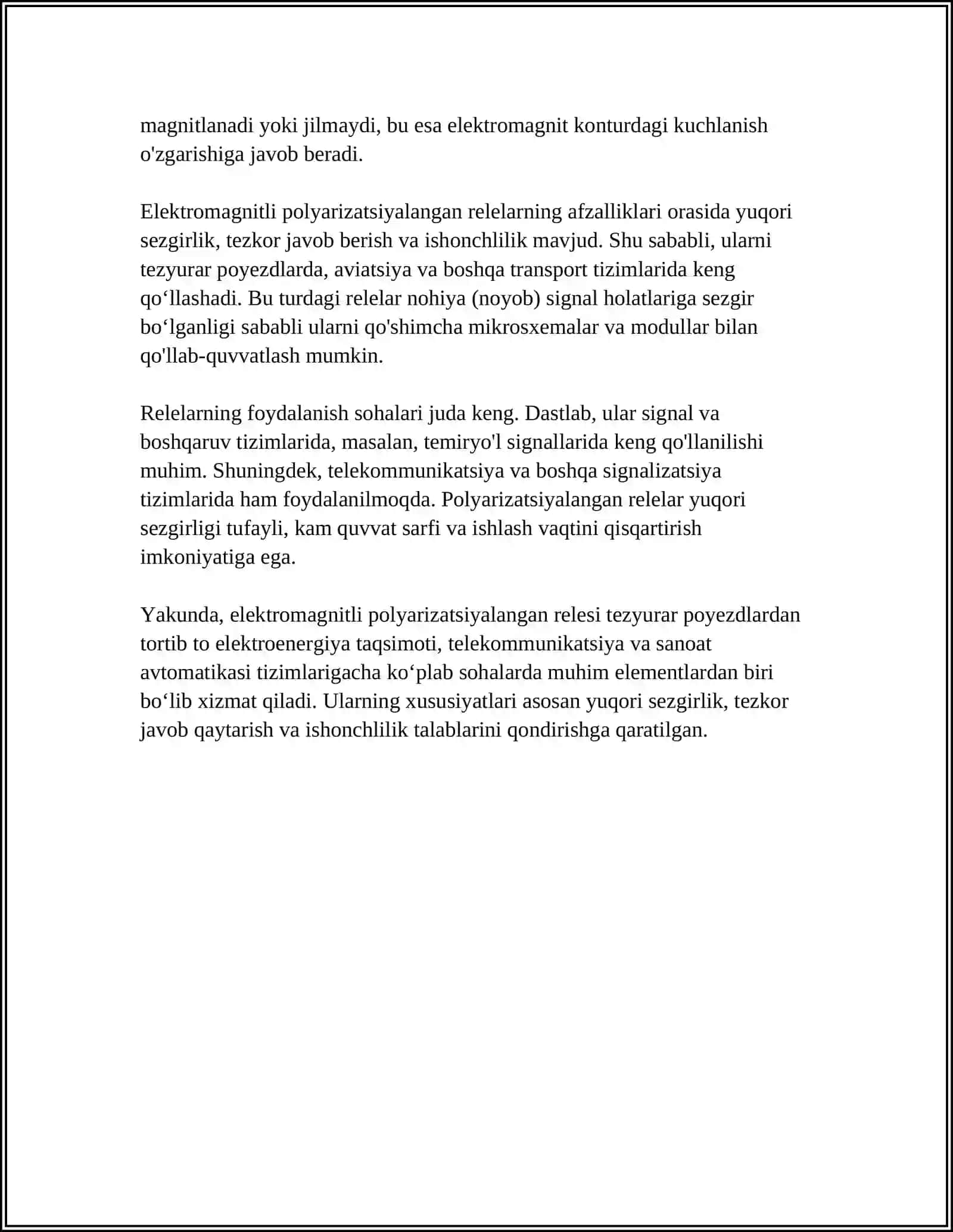 ELEKTROMAGNITLI POLYARIZTSIYALANGAN RELELAR.ULARNING XUSUSIYATLARI,TUZILISHI,ISHLASH PRINTSIPLARI.ZAMONAVIY ELEKTROMAGNITLI POLYARIZTSIYALANGAN RELELAR 4