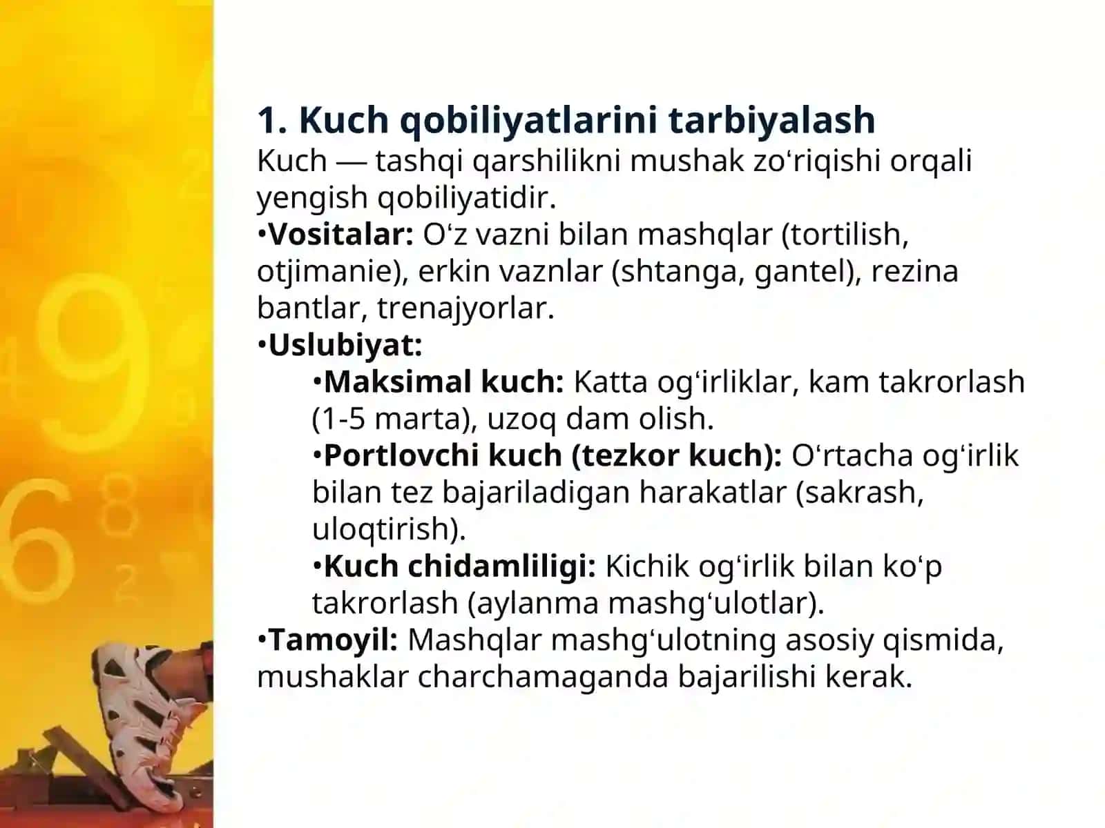 Tanlangan sport turida chaqqonlik, egiluvchanlik, tezkorlik, kuch, chidamlilik qobiliyatlarini tarbiyalash uslubiyati 4