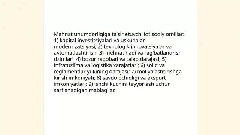 Mehnat unumdorligining darajasi va unga tasir etuvchi omillarni tasiri 4