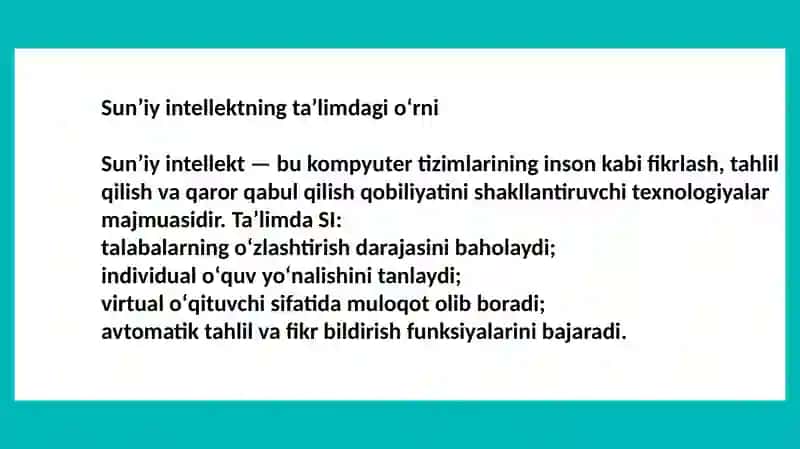 Sunʼiy intellekt yordamida taʼlim maqsadlarida talabalarni virtual oʻqitishda simulyatsiyalar yaratish orqali diagnostik koʻnikmalarini oʻrgatish va klinik qarorlar qabul qilish 4