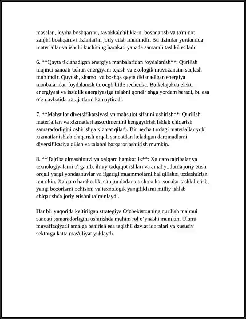 O‘zbekiston Respublikasining Qurilish Majmui Sanoat Bazasi Samaradorligini Oshirish 4