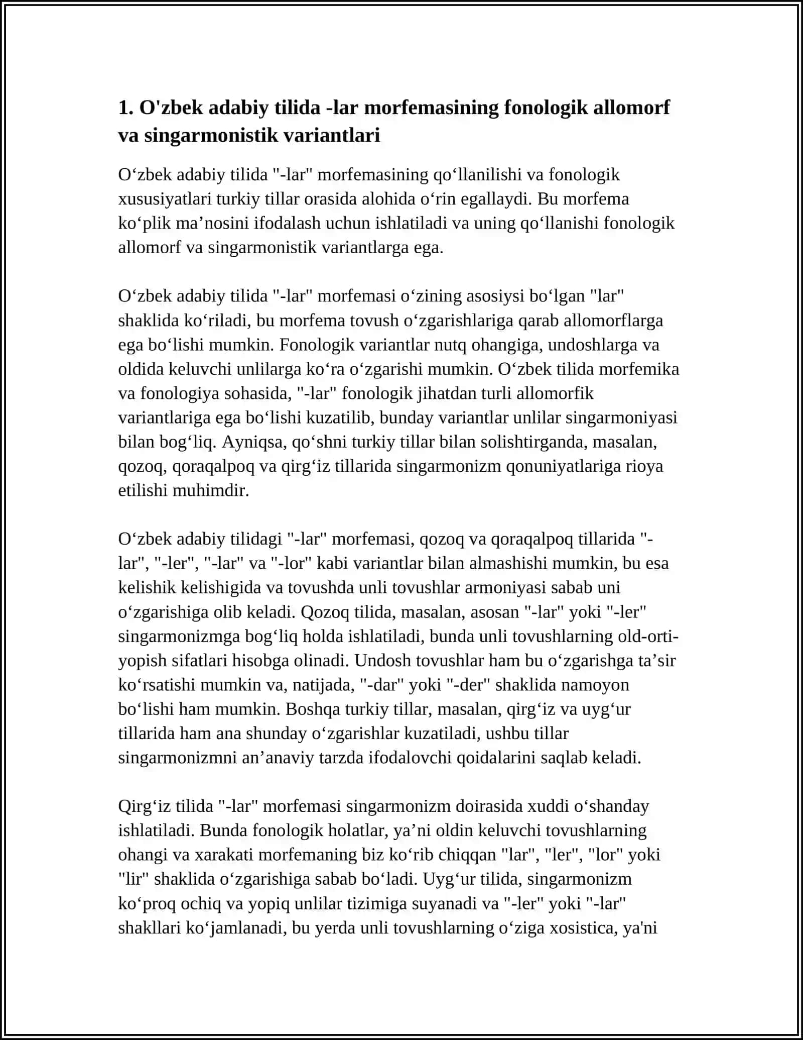 ÕZBEK ADABIY TILIDA -LAR MORFEMASINING QOZOQ, QORAQALPOQ, QIZG’IZ, UYG’UR ADABIY TILLARIDA MUVOFIQLARI VA SINGARMONISTIK VARYANTLARI 4