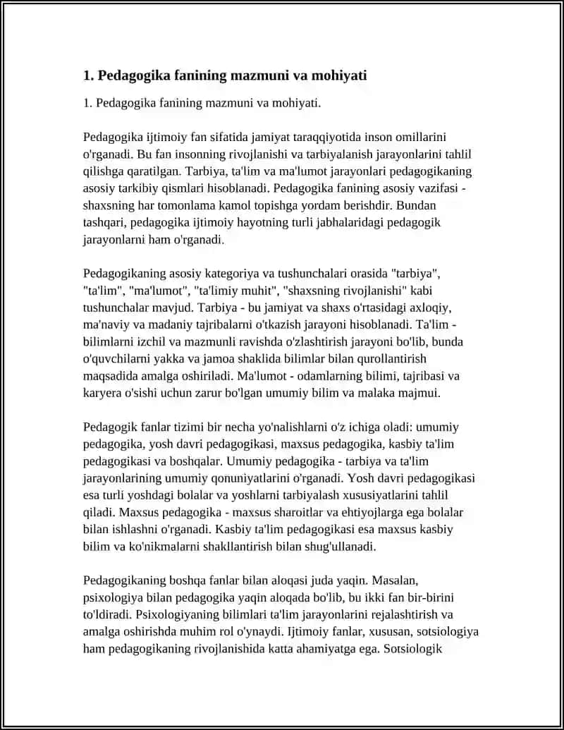 MUSTAQIL ISH: PEDAGOGIKA FANINING MAZMUNI VA MOHIYATI 4