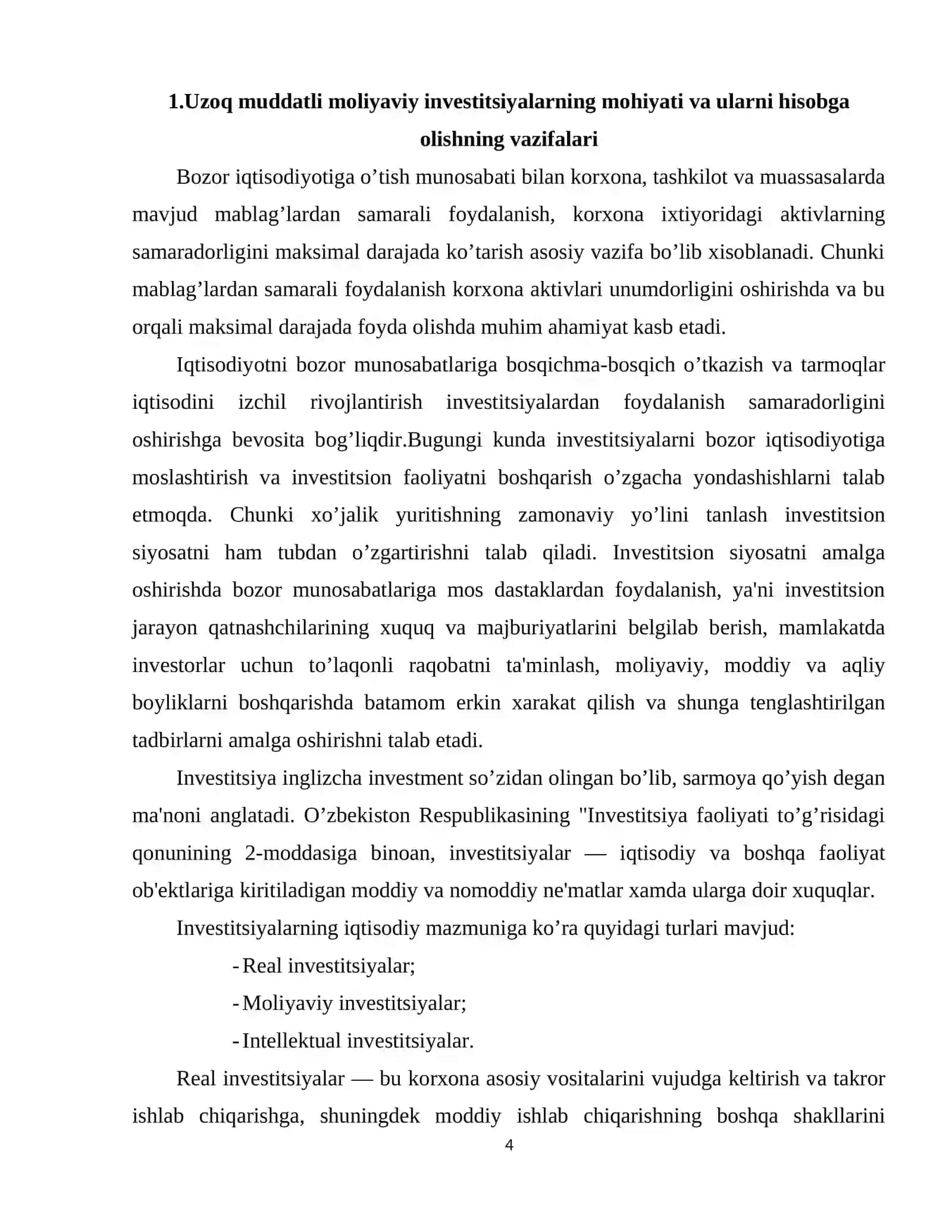 Uzoq muddatli investittsiyalar xisobi va auditi xamda ularning moliyaviy xisobotdagi aks ettrilishi 4