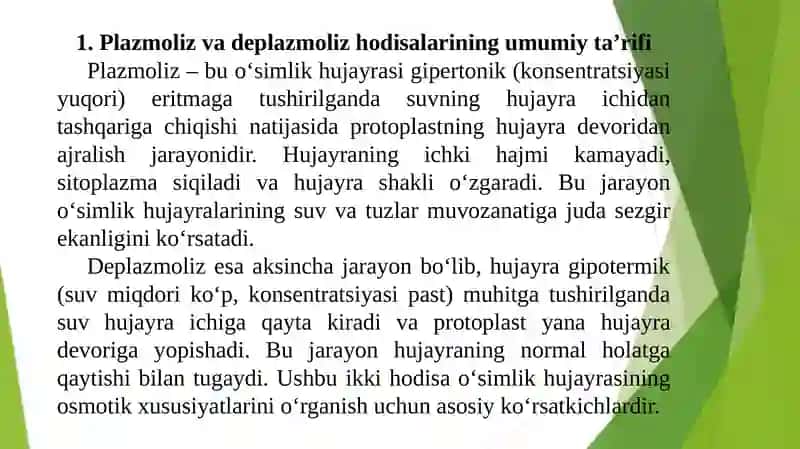 Plazmoliz va deplazmoliz hodisalarini turli o‘simlik hujayralarida o‘rganish 4