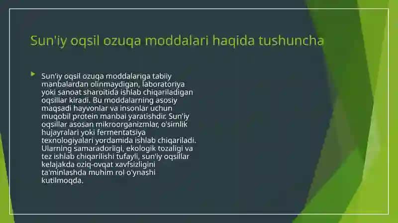 Sun'iy oqsil ozuqa moddalarining ishlab chiqarilishi va kelgusidagi imkoniyatlar 4