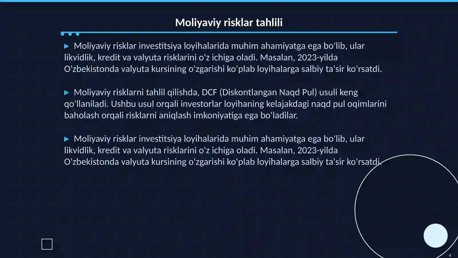 Investitsiya loyihalarini moliyalashtirishda risklarni baholash va boshqarish 4