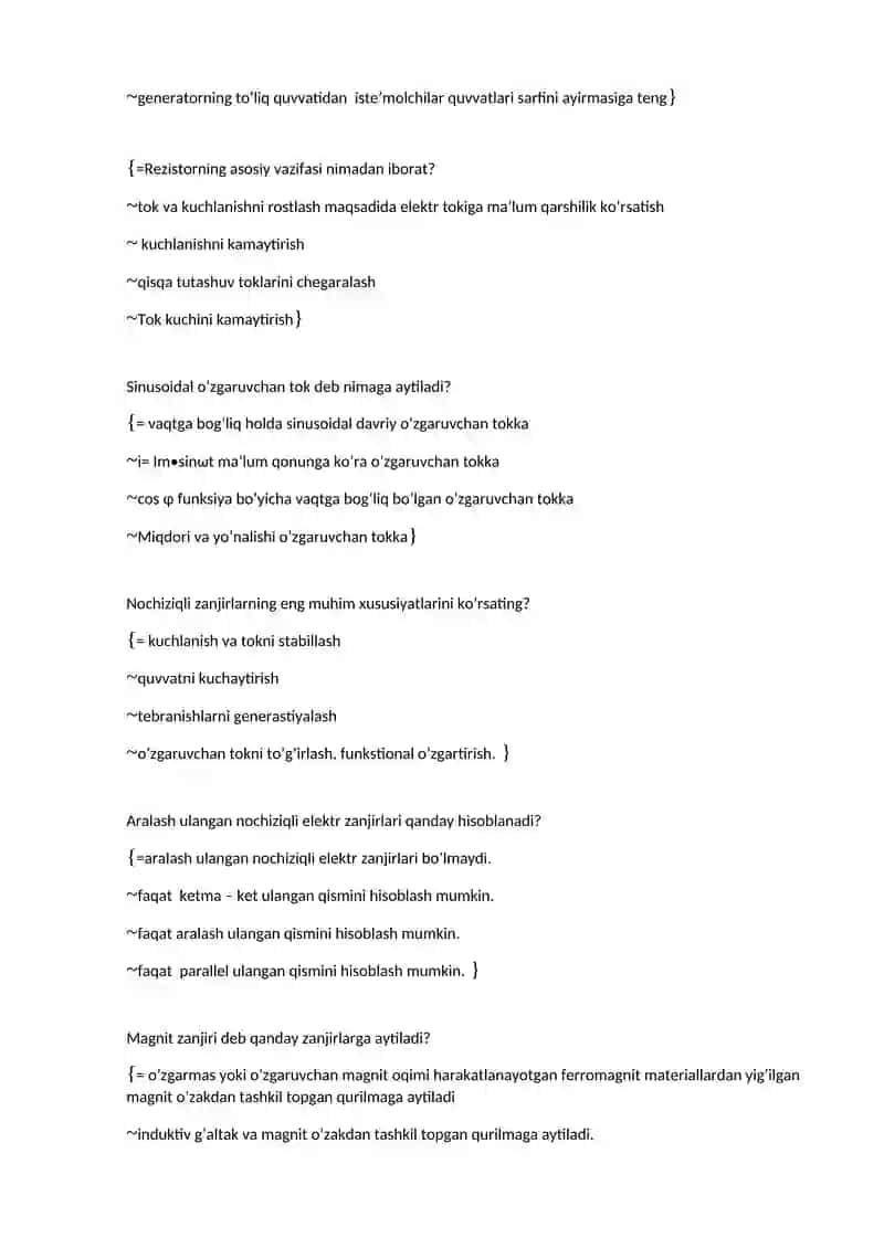 Elеktrotеxnika va elеktronika FANIDAN TESTLAR 4