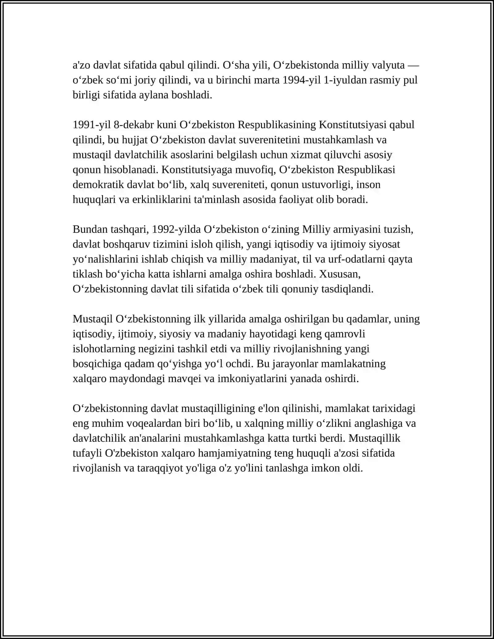 O‘zbekistonning Eng Yangi Tarixi Mavzusida Mustaqil Ish 4