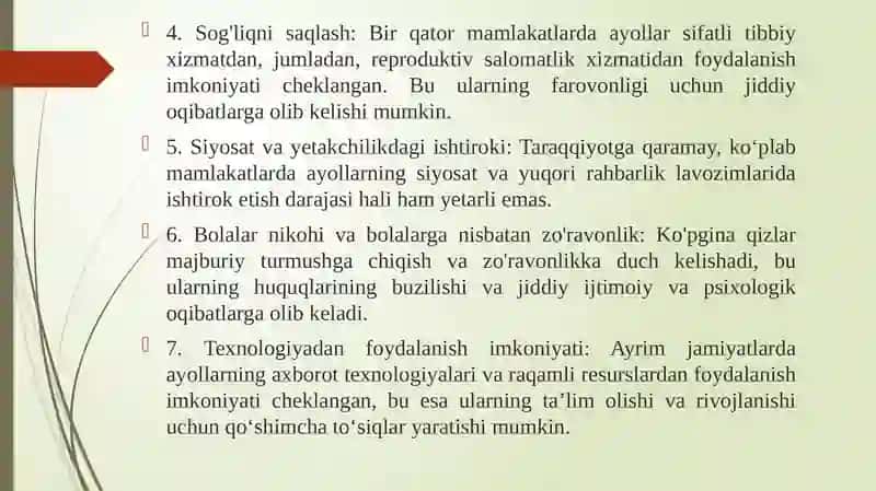 Bugungi kunda ayollar huquqlarini himoya qiluvchi meʼyoriy hujjatlar tavsifi 4