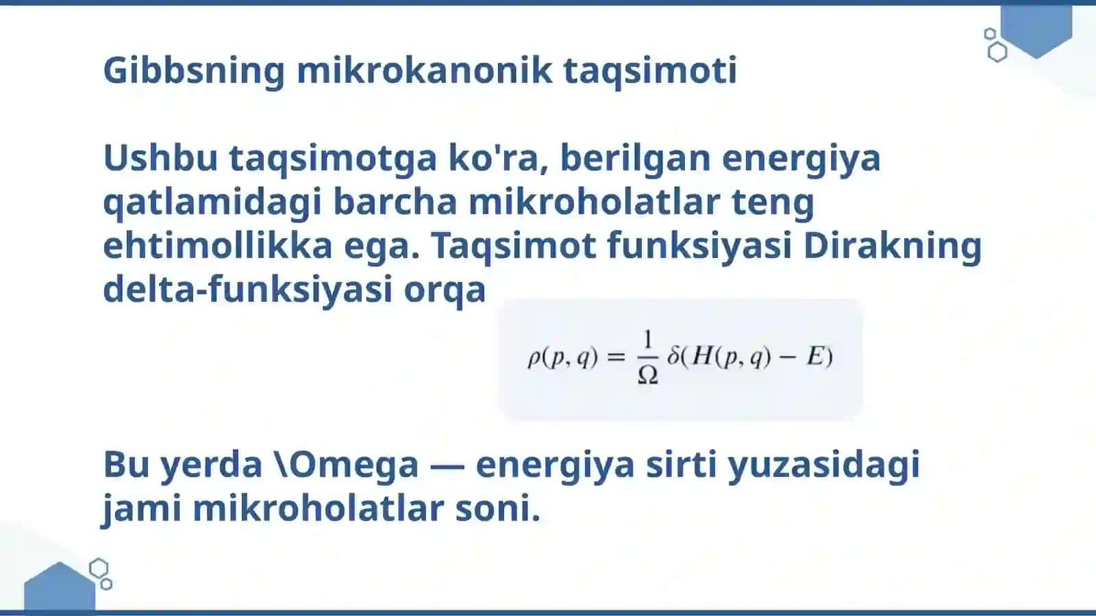 Gibbsning mikrokanonik, kanonik va katta kanonik taqsimot funksiyalari, holat integrali 4
