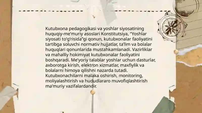 Kutubxona pedagogikasi:yoshlarga oid davlat siyosati bilan bogʻliqligi,oʻziga xos xususiyatlari 4