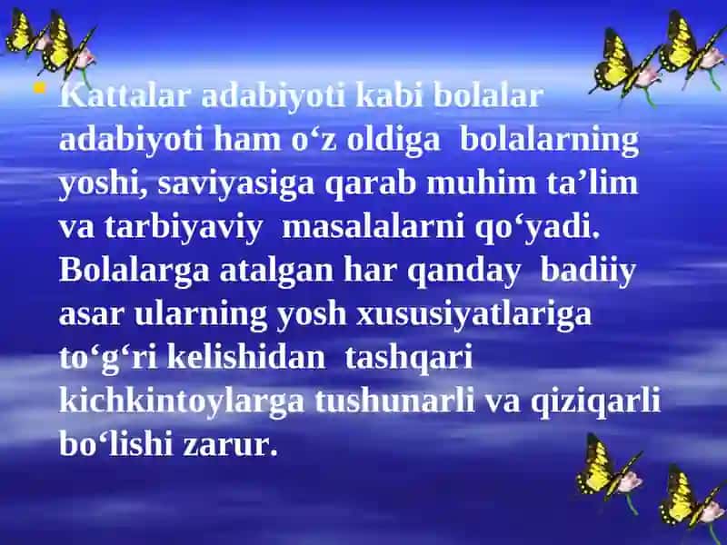 Bolalar adabiyoti va bolalar falklorining mumtoz adabiyot namunalari bilan bog'liqligini misollar dalillovchi taqdimot 4