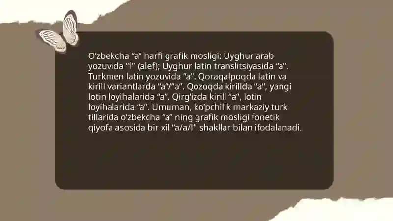 Oʻzbekcha o |, |a |, |e |ning uygʻur, turkman, qoraqalpoq qozoq, qirgʻiz matnlarida muvofiqlari ustida ish 4