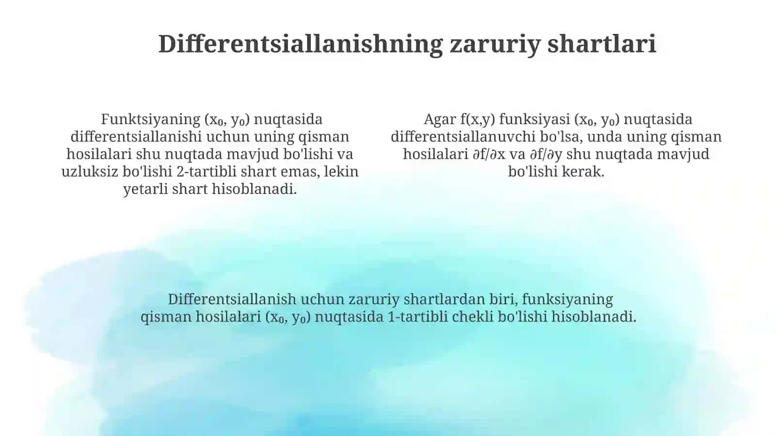 Ko’p o’zgaruvchili funksiyaning xususiy hosilasi va diffrensiyalanuvchanligi 4
