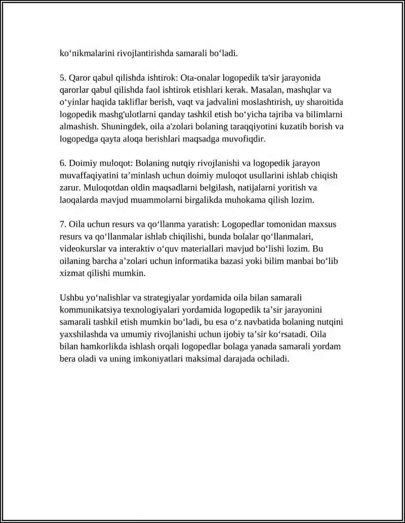 LOGOPEDIK TA'SIR JARAYONIDA OILA BILAN HAMKORLIK MUNOSABATLARINI O‘RNATISH TEXNOLOGIYALARI 4
