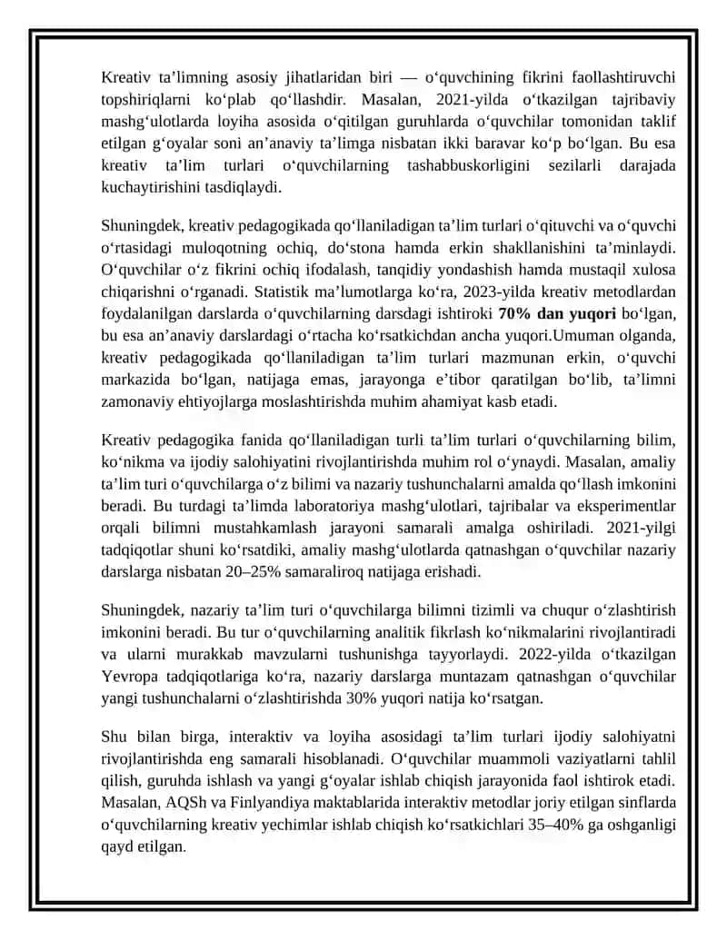 Kreativ pedagogika fanini o‘qitishda ta’lim turlari va shakllari tavsifi 4
